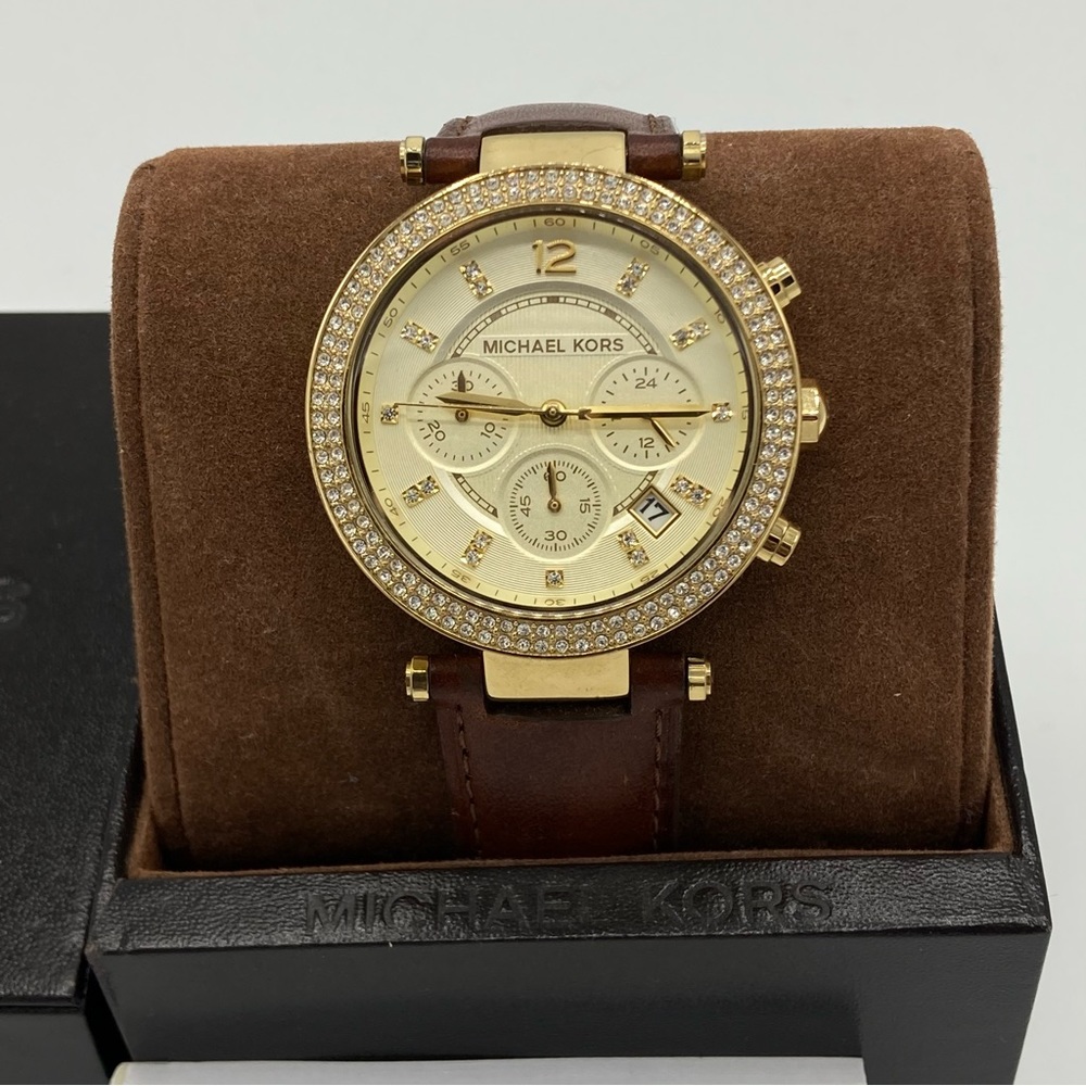 NIB - MICHAEL KORS Watch Gold tone, Brown Leather Strap with Crystals - Picture 8 of 9